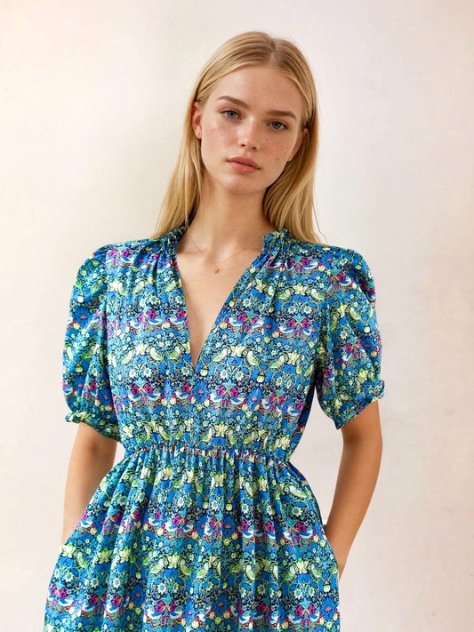 V Neck Dress, Liberty of London Dress, Short Sleeve Dress, Floral Print Dress, Liberty Print Fabric, Liberty Clothing, Liberty Smock Dress
