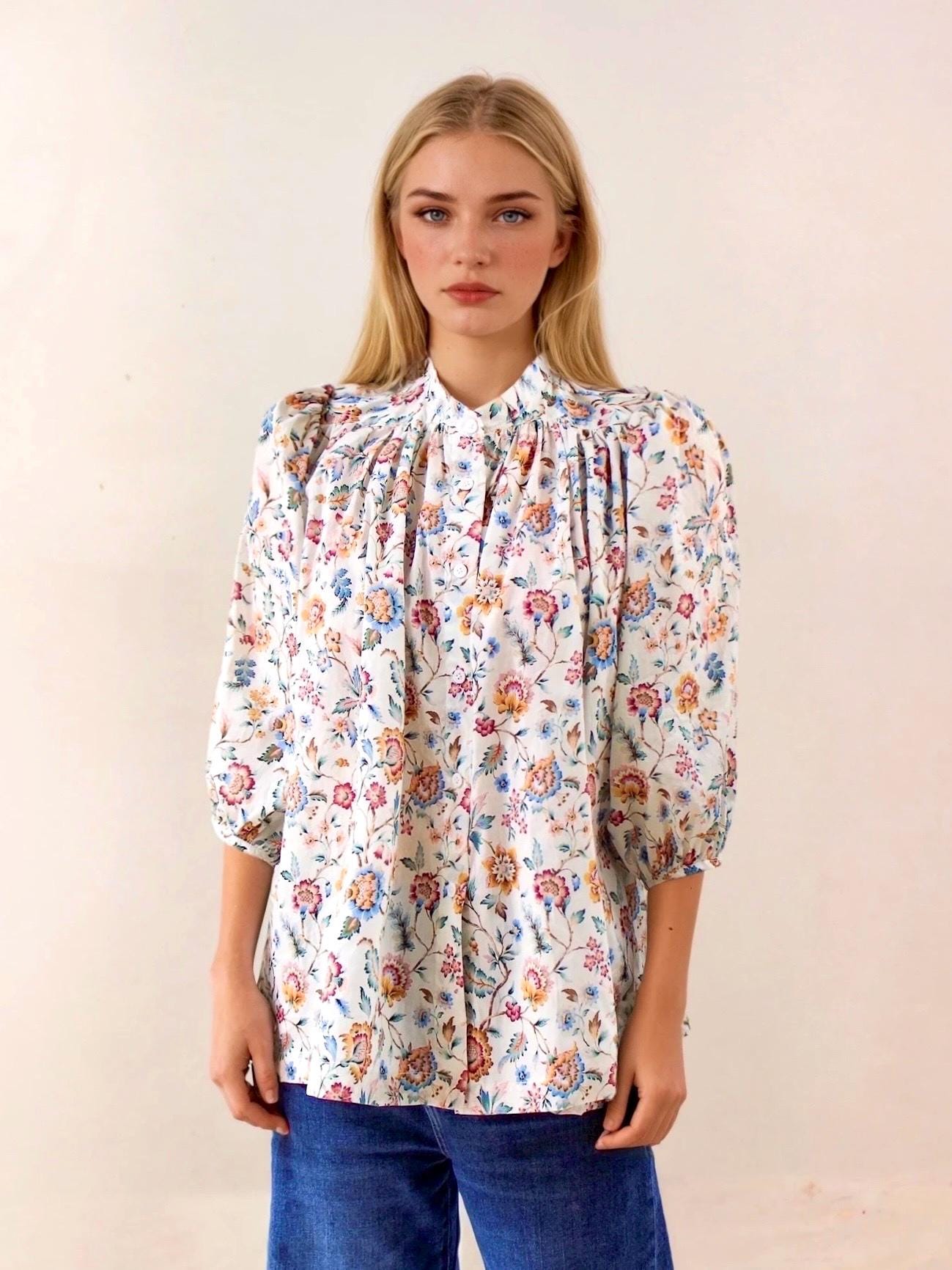 Mandarin Collar Blouse, Liberty Print Blouse, Liberty Dress Shirt, Liberty London, 3/4 Sleeve Blouse, Liberty Clothing, Liberty Floral Top
