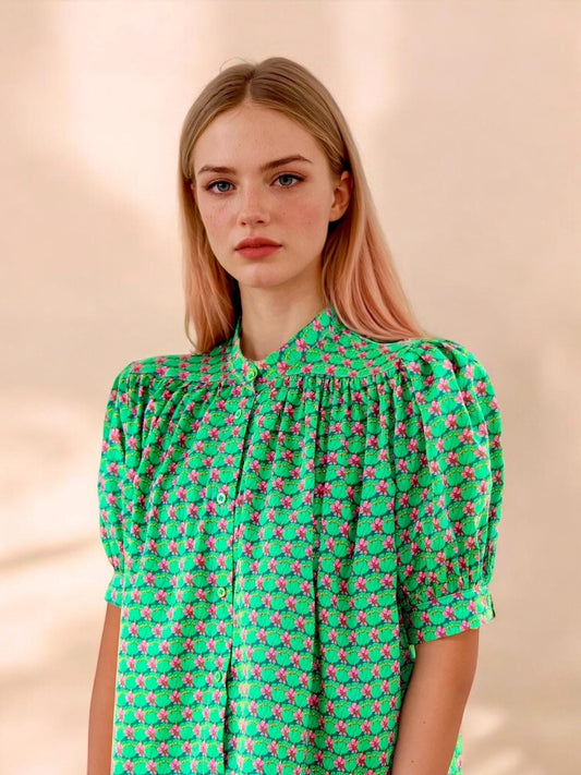 Mandarin Collar Blouse Made With Liberty London Tana Lawn Fabric Short Sleeves