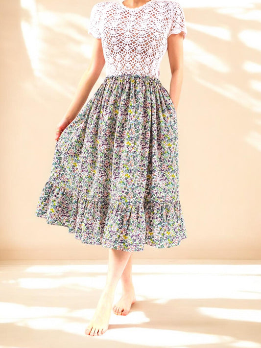 Floral Print Skirt, Cotton Midi Skirt, Woman Midi Skirt, Ditsy Floral Long Skirt, Tiered Flower Skirt, Woman Long Skirt, Elastic Waist Skirt