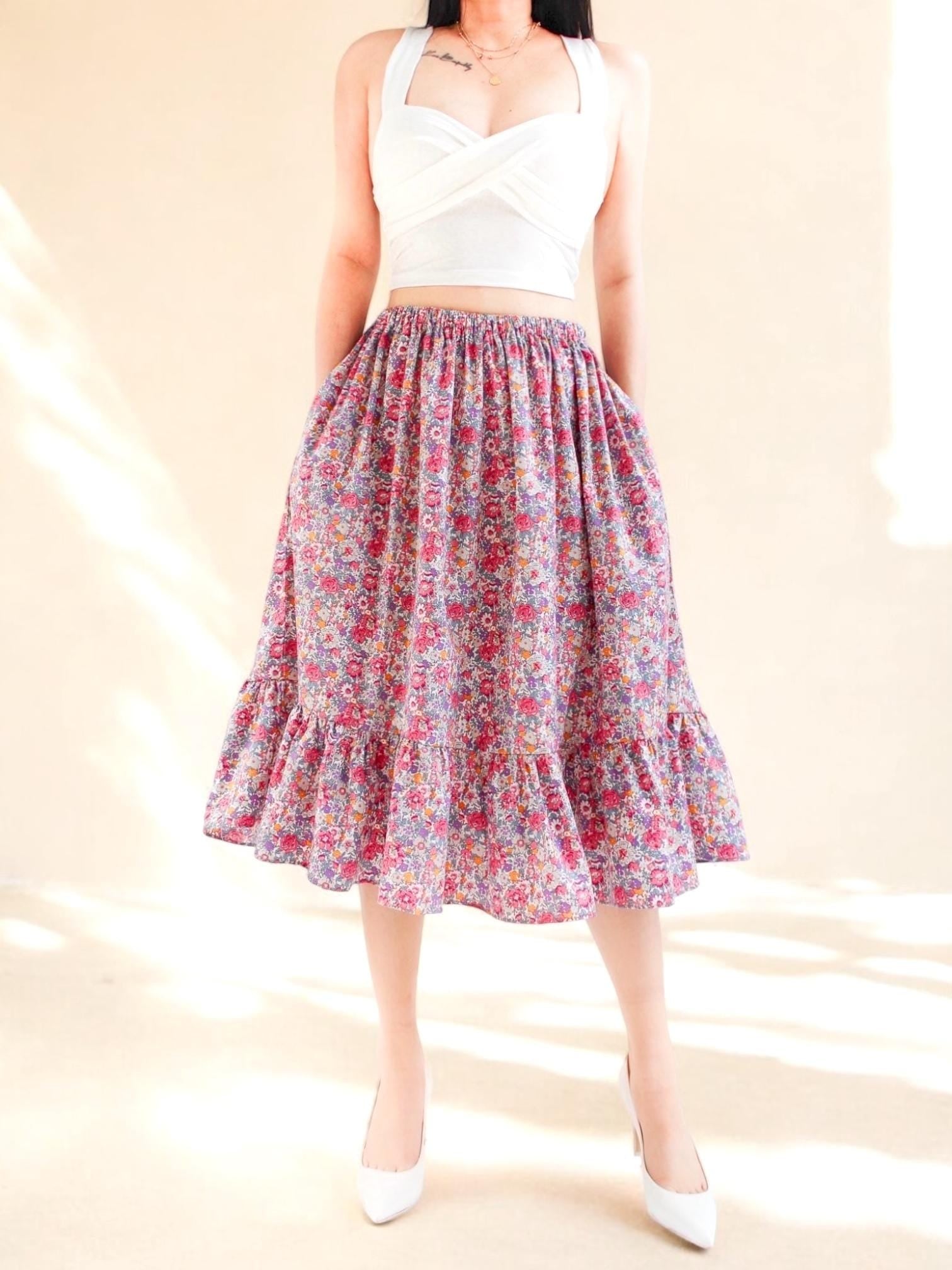 Floral Print Skirt, Cotton Midi Skirt, Woman Midi Skirt, Ditsy Floral Long Skirt, Tiered Flower Skirt, Woman Long Skirt, Elastic Waist Skirt