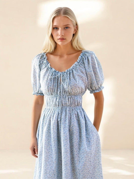 Milkmaid dress, Liberty London Dress, Cottage Core Dress, Peasant Midi Dress, Short Puffy Sleeves, Floral Print Dress, Liberty Print Fabrics