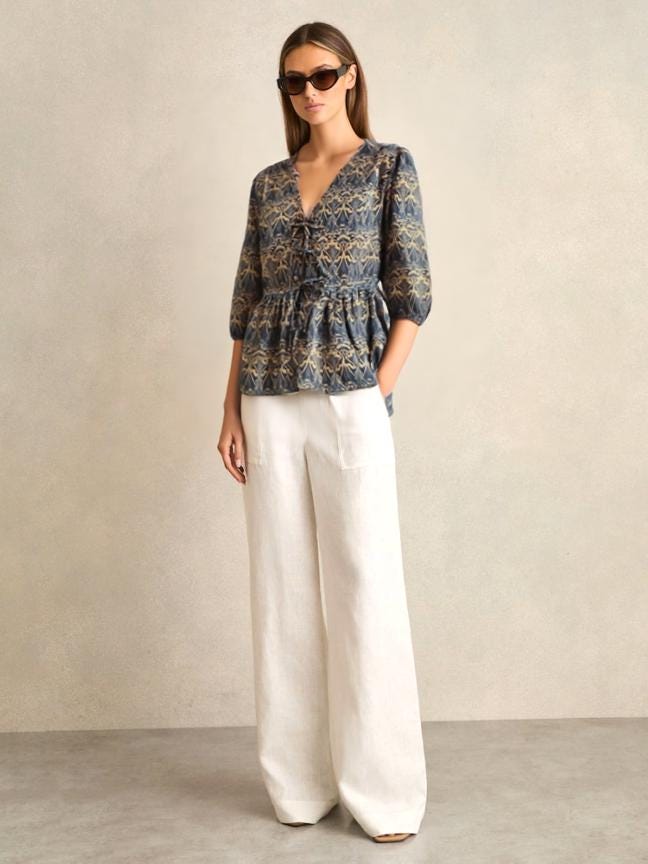 V Neck Liberty Top Peplum Blouse Puffy 3/4 Sleeve