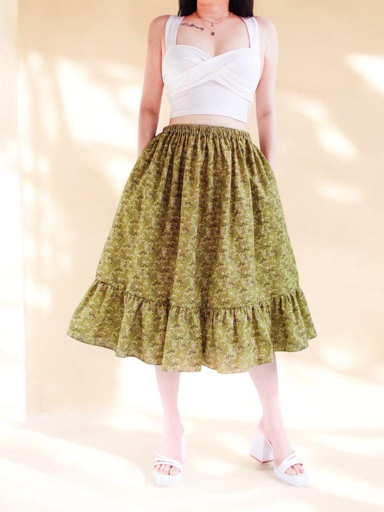 Floral Print Skirt, Cotton Midi Skirt, Woman Midi Skirt, Ditsy Floral Long Skirt, Tiered Flower Skirt, Woman Long Skirt, Elastic Waist Skirt