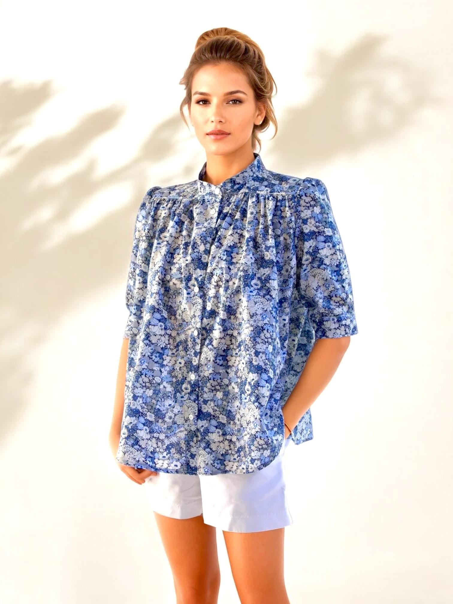 Mandarin Collar Blouse, Liberty Print Blouse, Liberty of London, Floral Print Shirt, Button Through Blouse, Half sleeve Shirt, Gather Blouse
