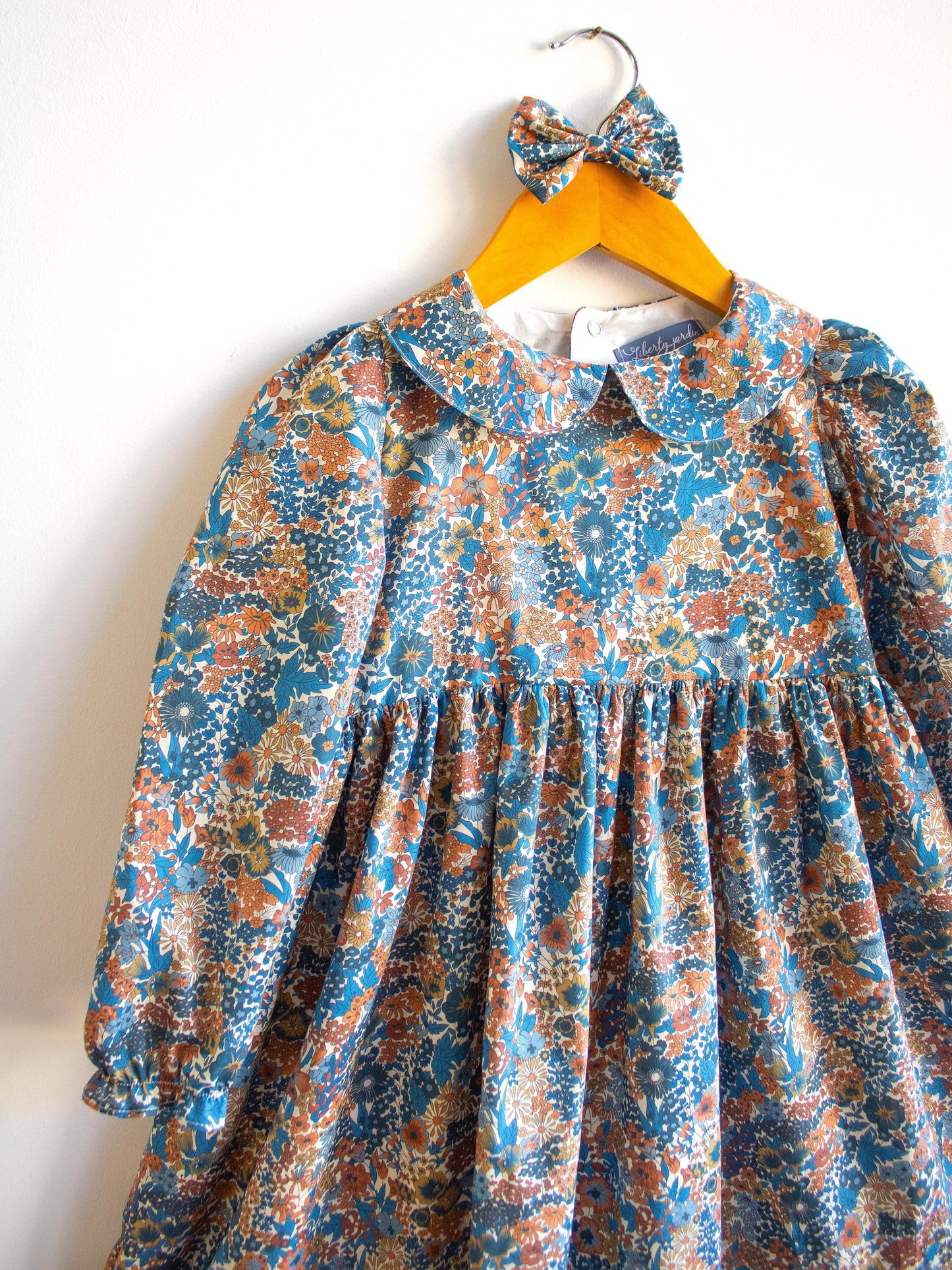 Liberty London Long Sleeve Peter Pan Collar Girl Dress: Floral Print Cotton Fabric