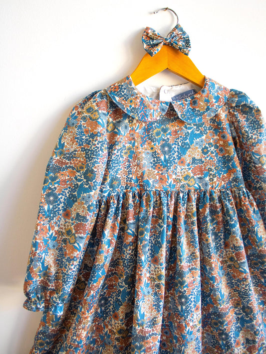 Liberty London Long Sleeve Peter Pan Collar Girl Dress: Floral Print Cotton Fabric