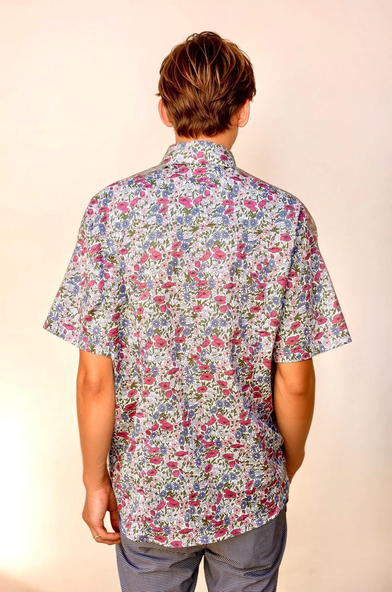 Liberty Fabric Short Sleeve Men Shirt: Floral Print, Casual Loose Fit Button Up Shirt