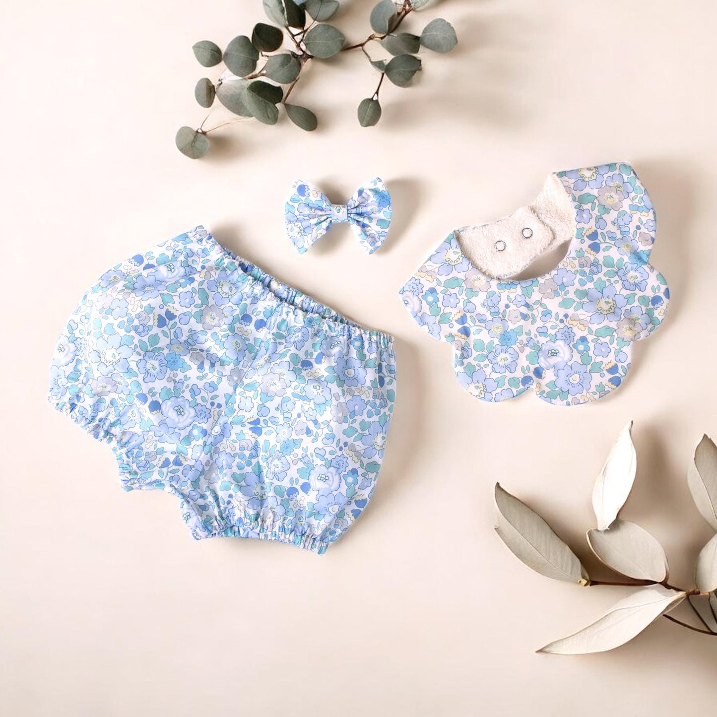 SET 3 Liberty of London Baby Bloomer Scalloped Bib Hair Bow