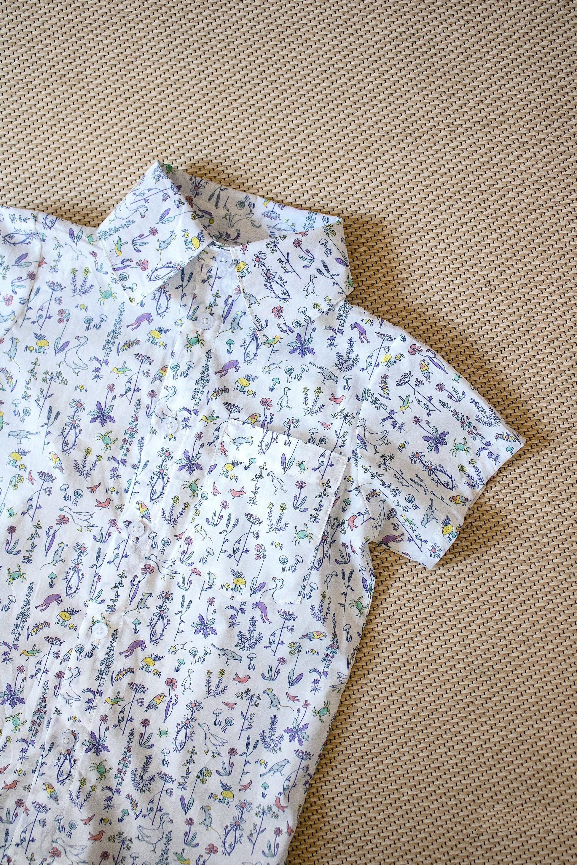Liberty London Fabric Short Sleeve Boy Shirt: Button Up, Animal Print, Botanical Floral