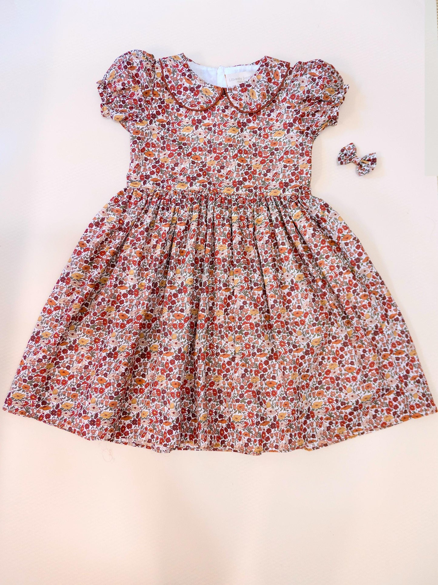 Peter Pan Collar Liberty London Girl Dress: Poppy Daisy Floral Print, Puffy Short Sleeves