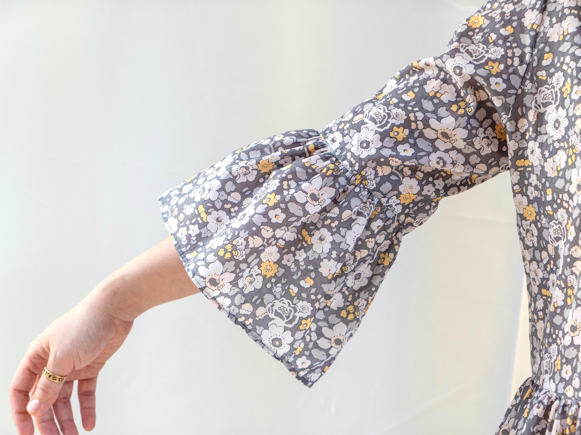 Tiered Midi Woman Dress Made with Liberty of London Tana Lawn Fabric With 3/4 Bell Sleeves Ditsy Floral Print