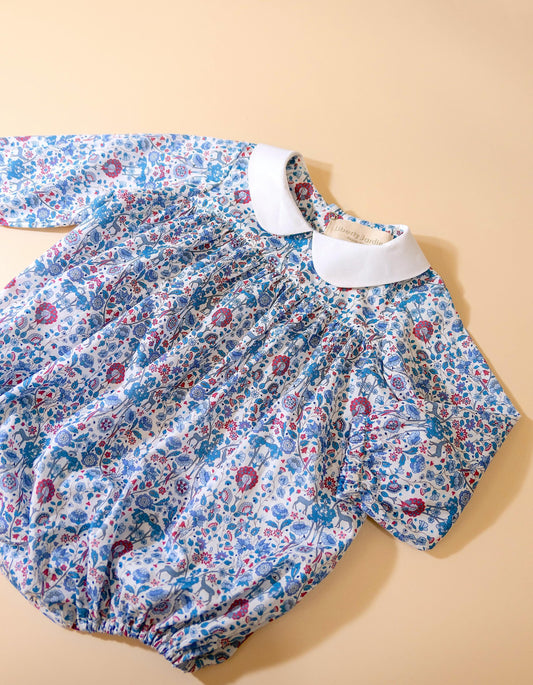 Unisex Peter Pan Collar Long Sleeve Liberty London Print Baby Bubble Playsuit Romper