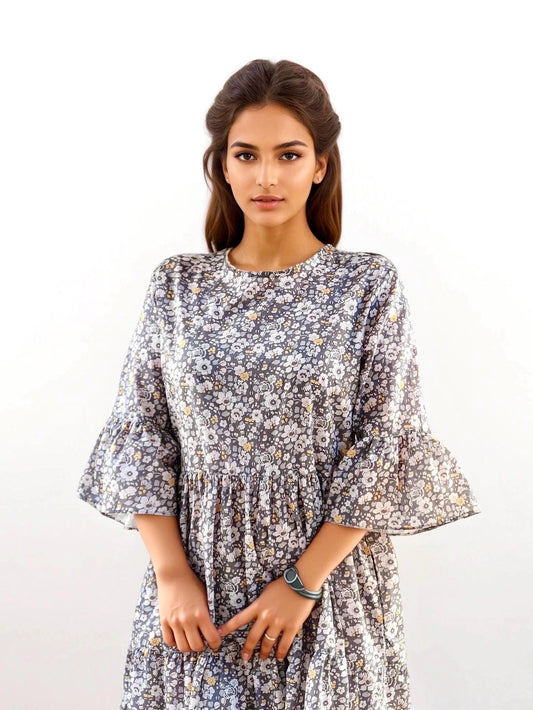 Liberty of London Woman Midi Dress With 3/4 Bell Sleeves Tiered Midi Autumn Dress