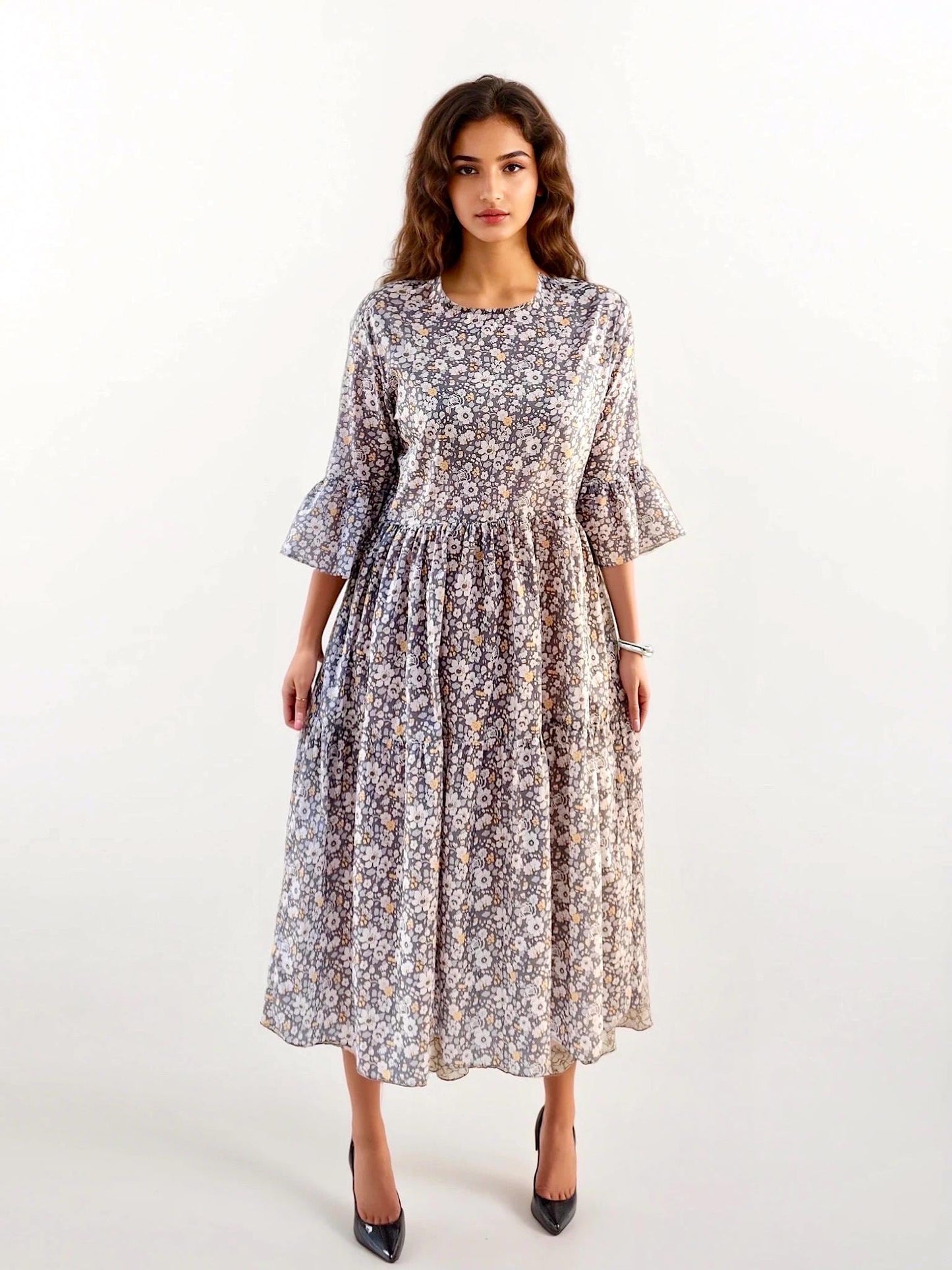 Tiered Midi Woman Dress Made with Liberty of London Tana Lawn Fabric With 3/4 Bell Sleeves Ditsy Floral Print