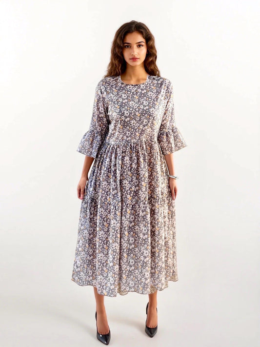 Tiered Midi Woman Dress Made with Liberty of London Tana Lawn Fabric With 3/4 Bell Sleeves Ditsy Floral Print