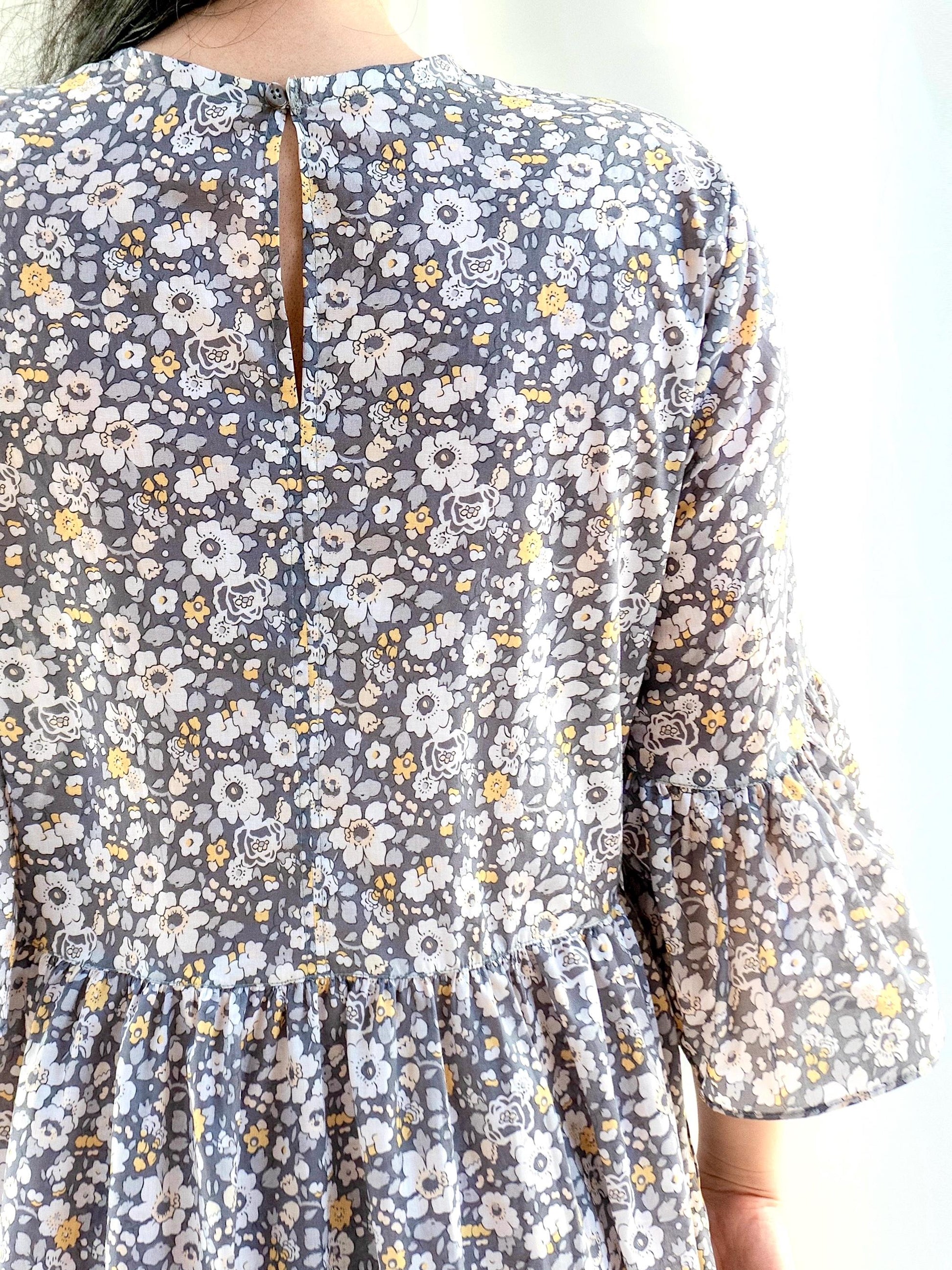 Tiered Midi Woman Dress Made with Liberty of London Tana Lawn Fabric With 3/4 Bell Sleeves Ditsy Floral Print