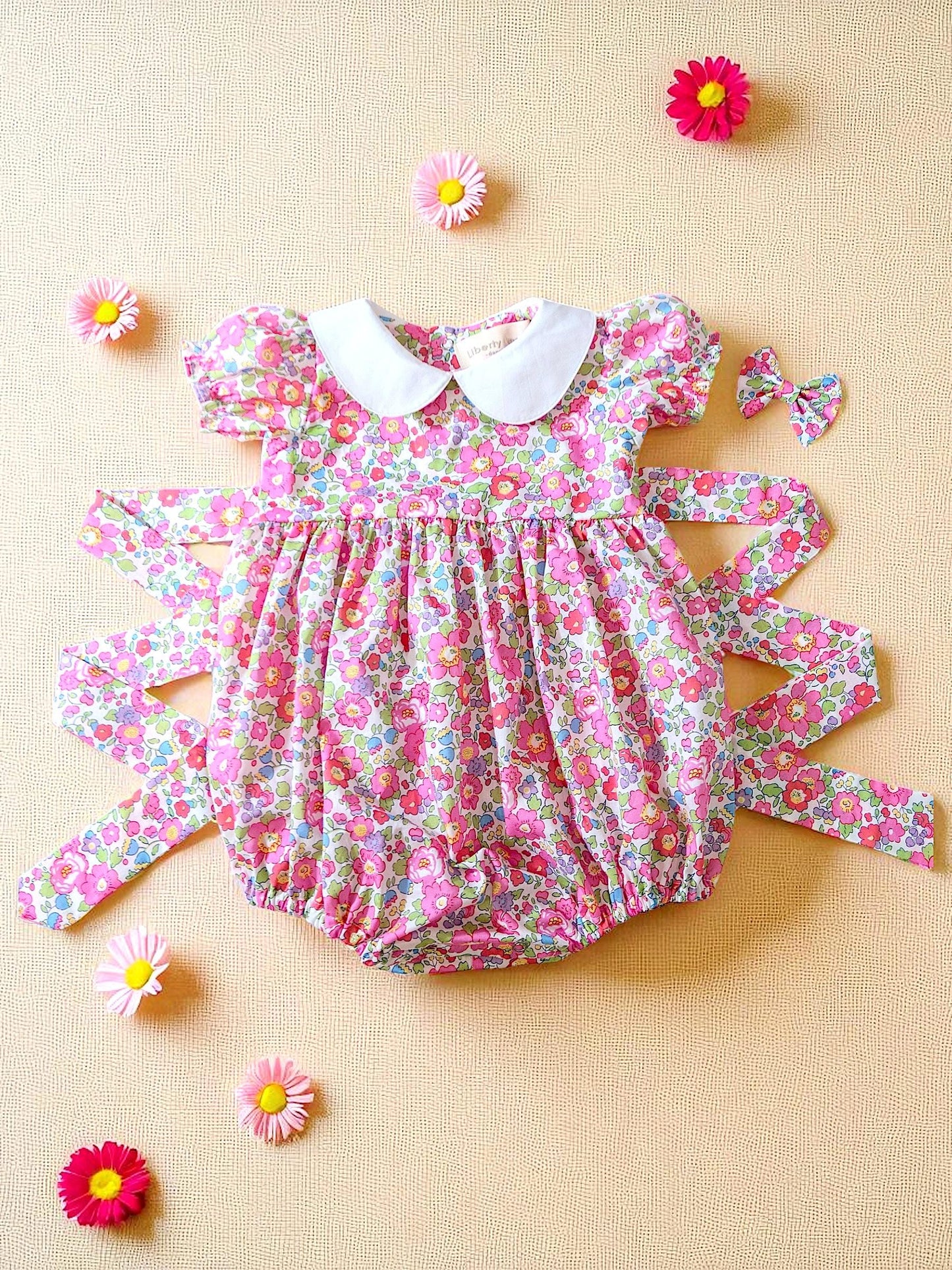 Peter Pan Collar Liberty Bubble Romper: Ditsy Floral Print Cotton, Short Sleeve