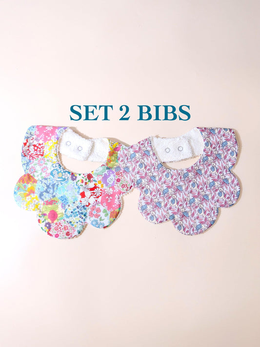 Liberty London Baby Bib Set: Floral Print Cotton Scallop Edge