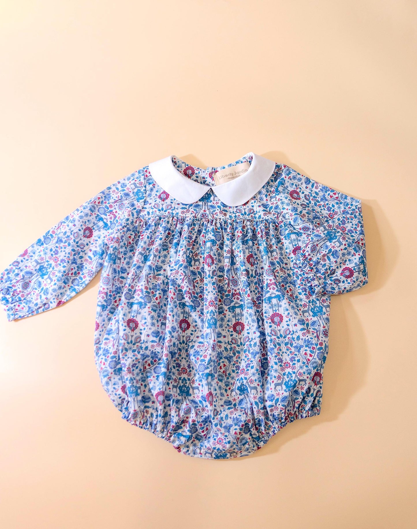 TWINS Liberty Baby Bubble Romper: White Peter Pan Collar, Long Sleeves