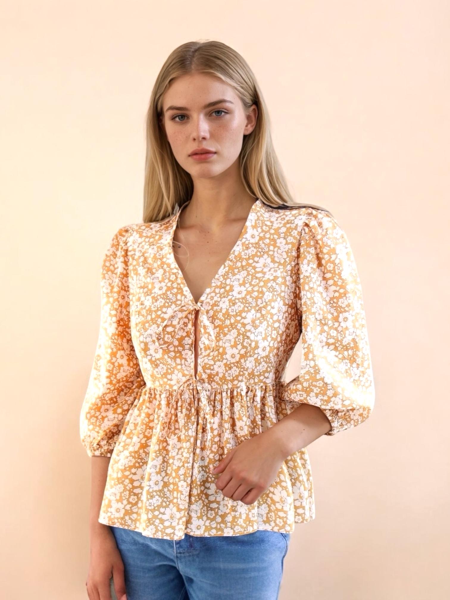 V Neck Liberty Top Peplum Blouse Puffy 3/4 Sleeve