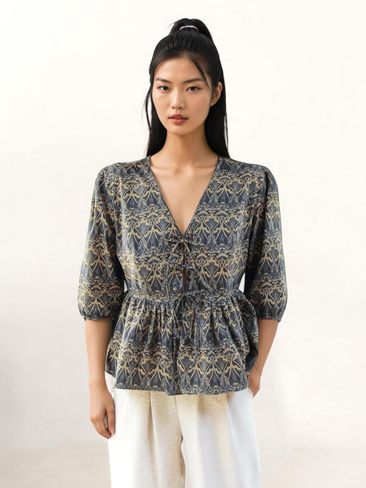 V Neck Liberty Top Peplum Blouse Puffy 3/4 Sleeve
