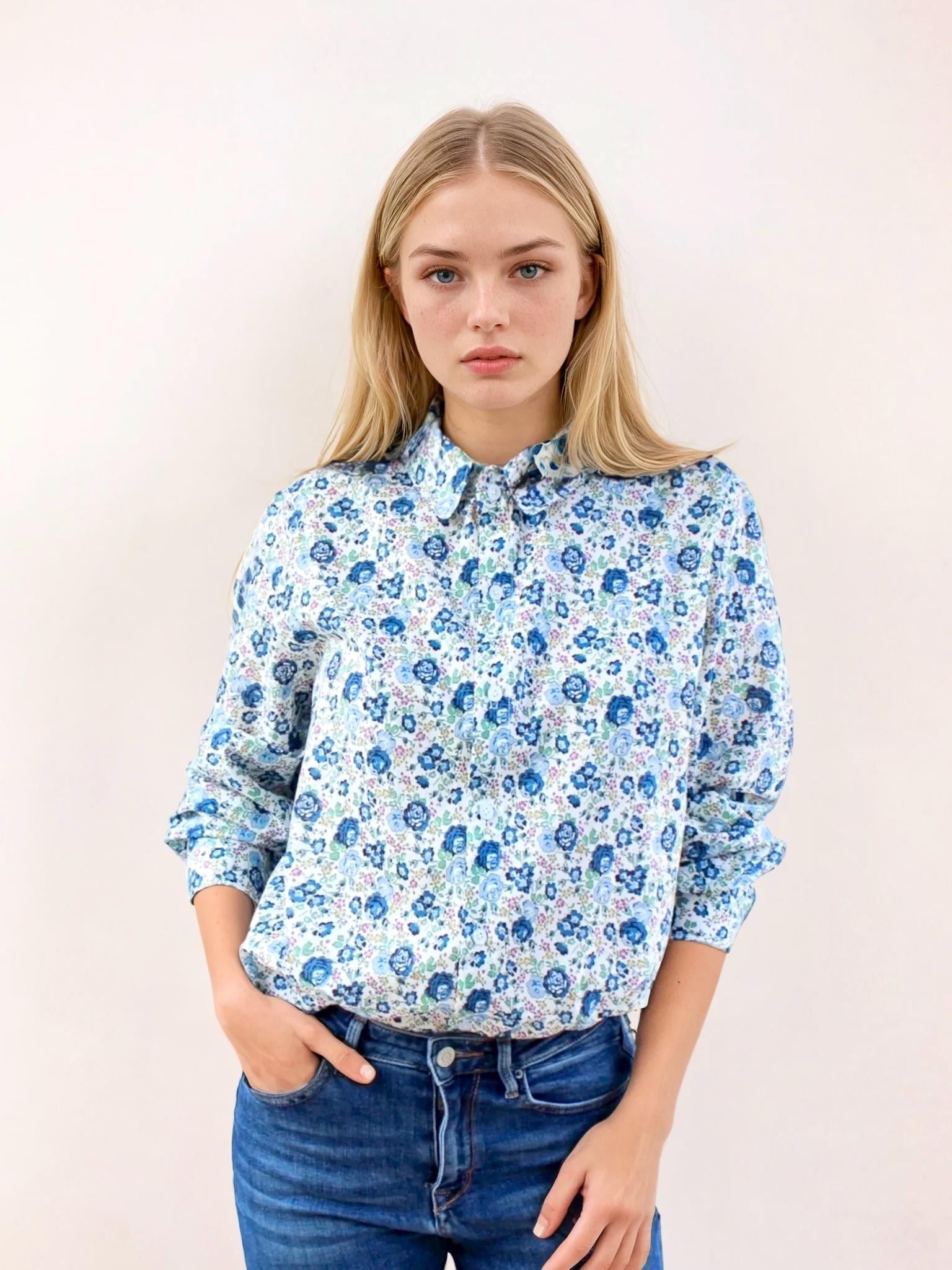 Liberty London Long Sleeve Shirt: Ditsy Botanical Dress Shirt, Button Through Top