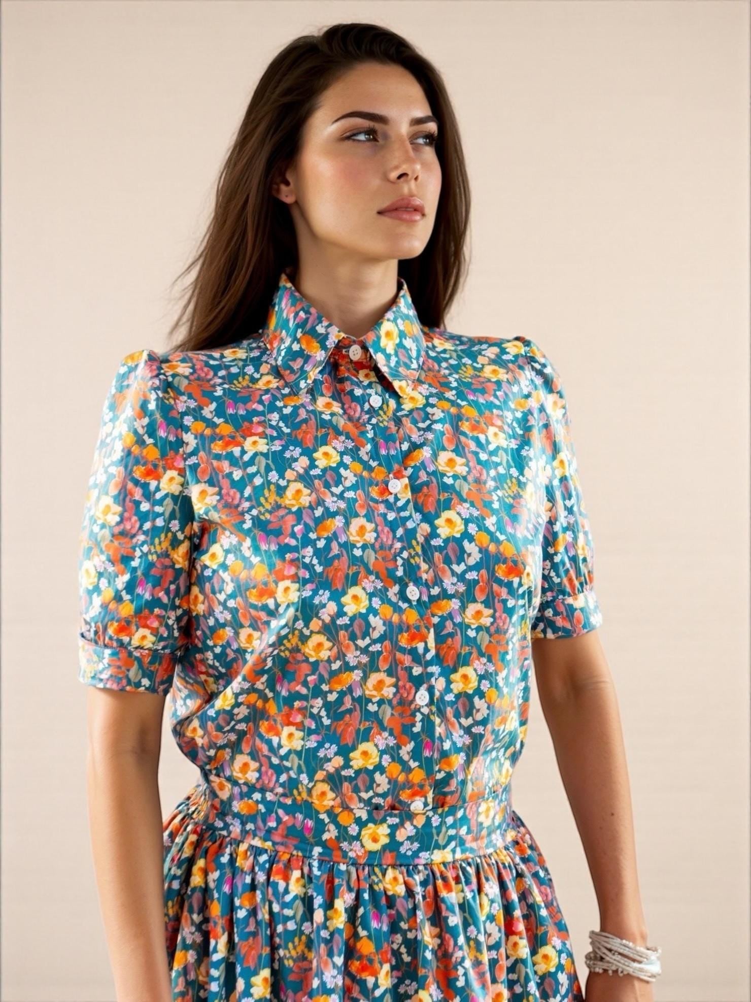 Liberty London Floral Midi Skirt, Elastic Waist Cotton A-Line