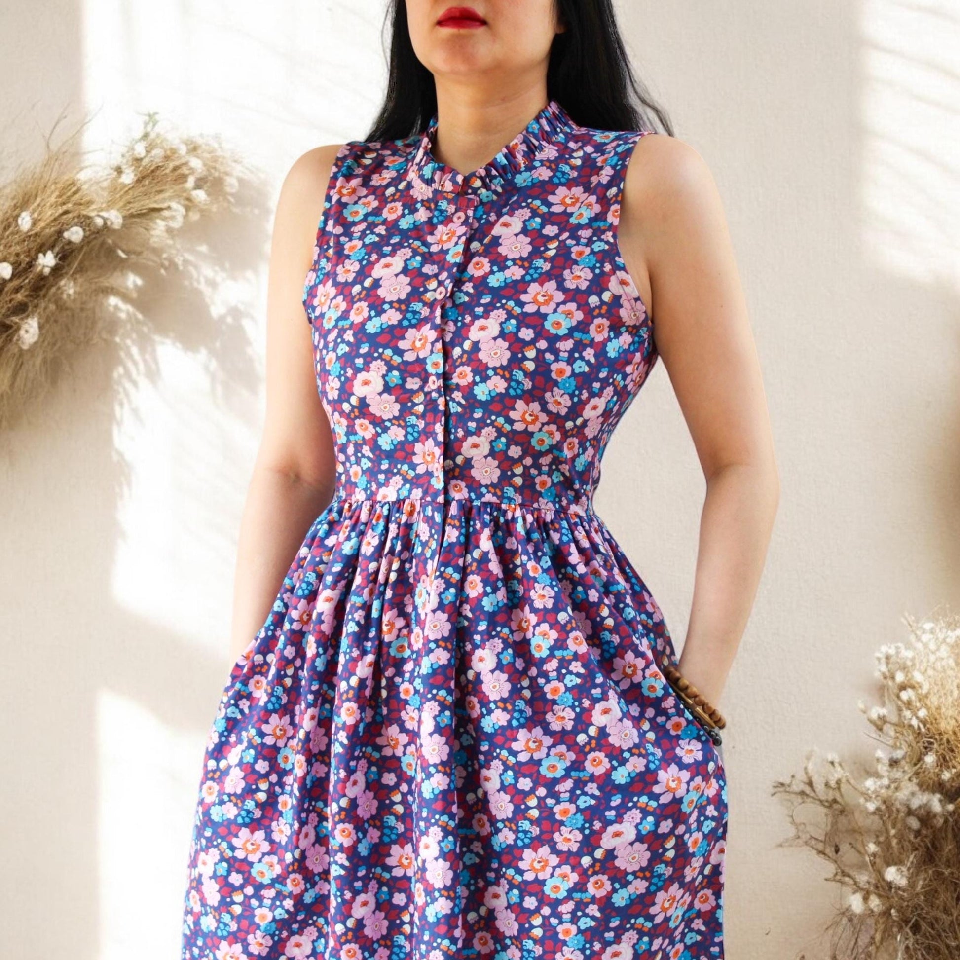 Liberty London Floral Midi Dress, Ruffle Collar Sleeveless Cotton Sun Dress, Size US 4