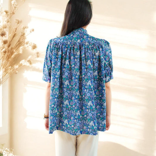 Liberty Gather Top Mandarin collar Shirt Half Sleeve
