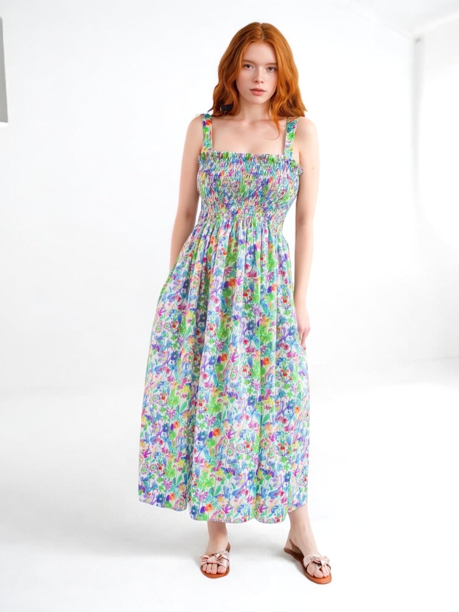 Liberty London Smock Shirred Midi Sun Dress, Handmade Floral Print Cotton Tana Lawn Clothing
