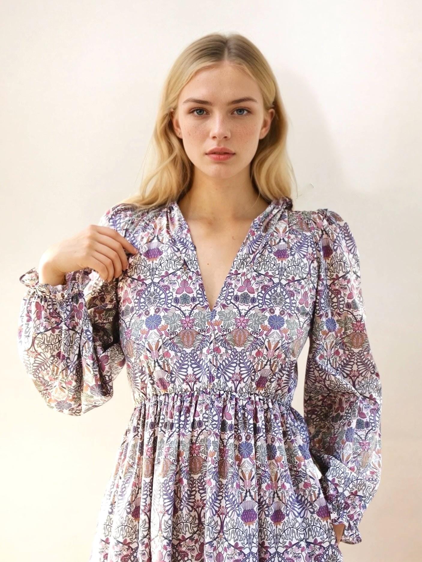 V Neck Liberty Print Smock Dress Long Sleeve