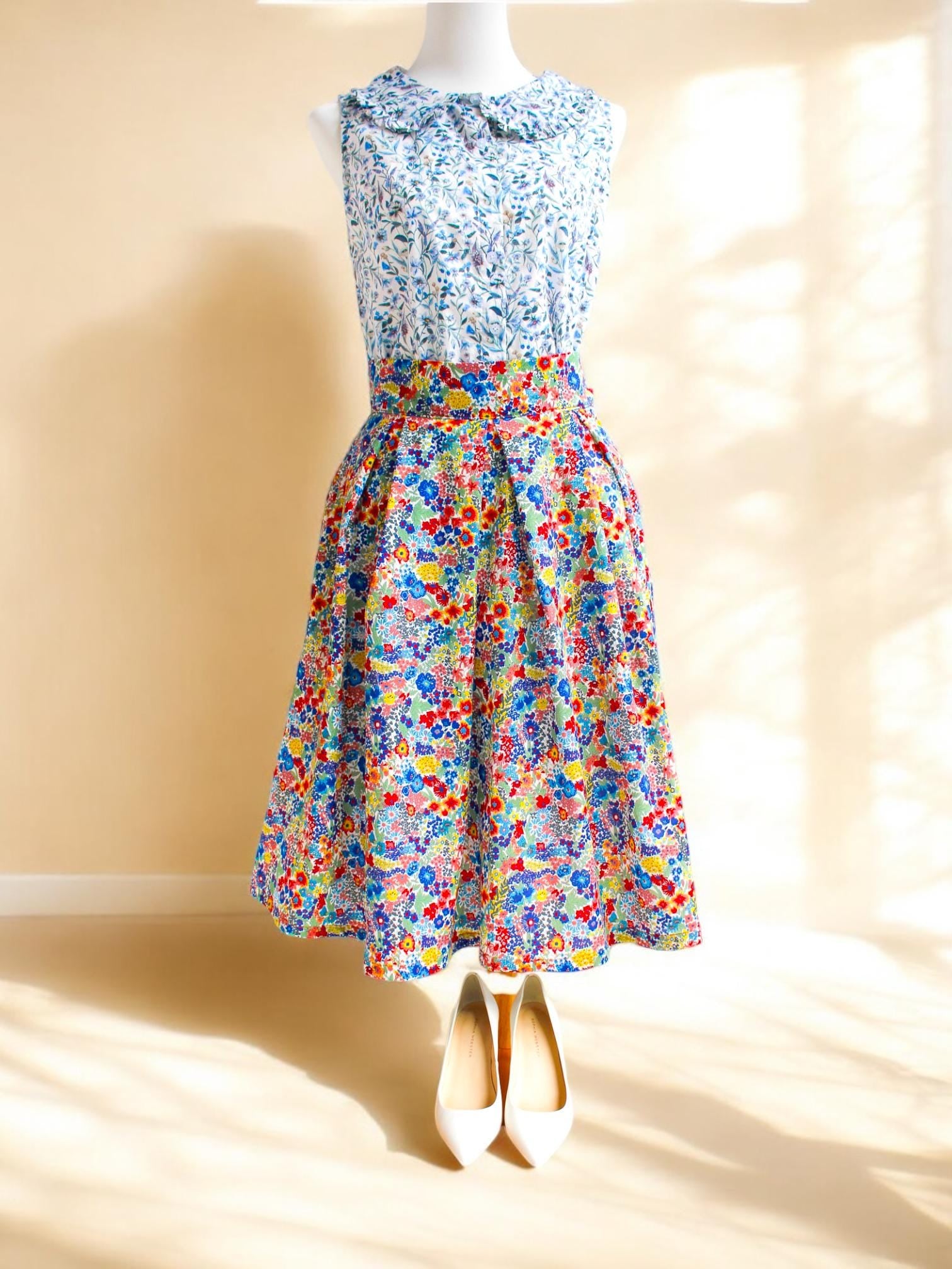 Liberty Floral Plated Midi Skirt: Cotton Print, Elegant Flare Skirt