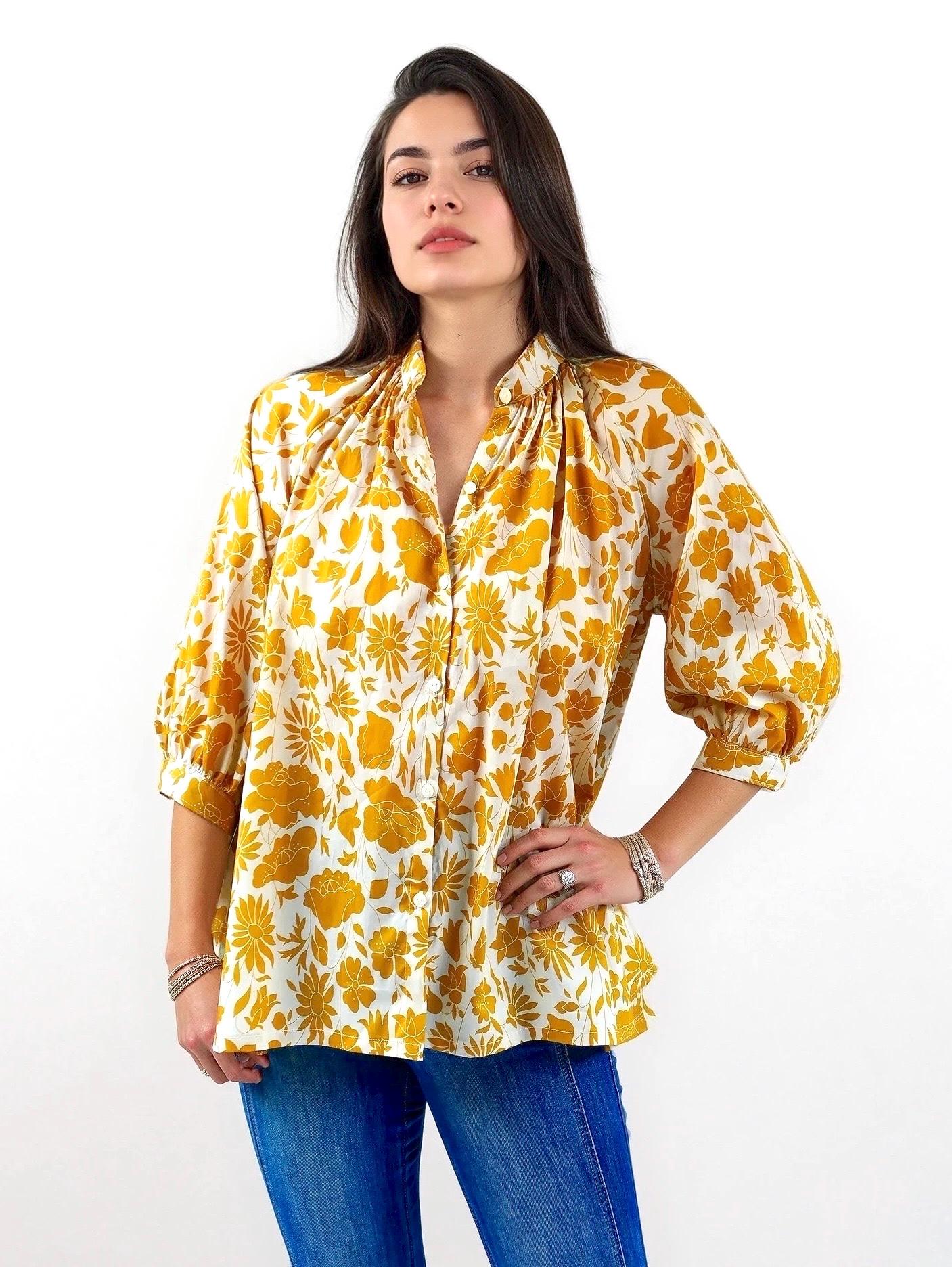 Mandarin Collar Liberty Blouse Floral Print 3/4 Sleeves
