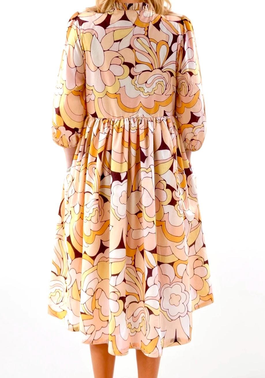 Liberty London Boho Midi Botanical Dress, Ruffle V-neck Collar 3/4 Puffy Sleeves Handmade Dress