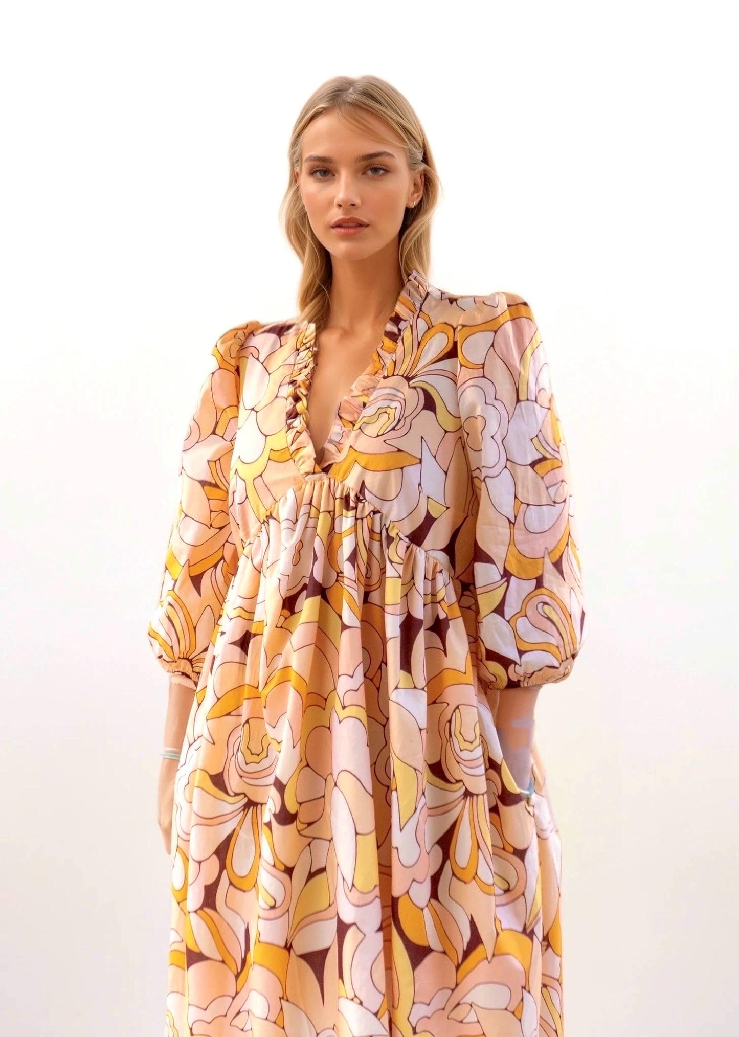 Liberty London Boho Midi Botanical Dress, Ruffle V-neck Collar 3/4 Puffy Sleeves Handmade Dress