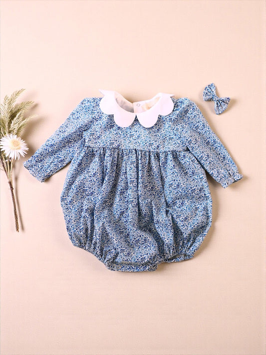 Long Sleeve Liberty London Baby Bubble Romper: Scallop Collar Onesie, Floral Print