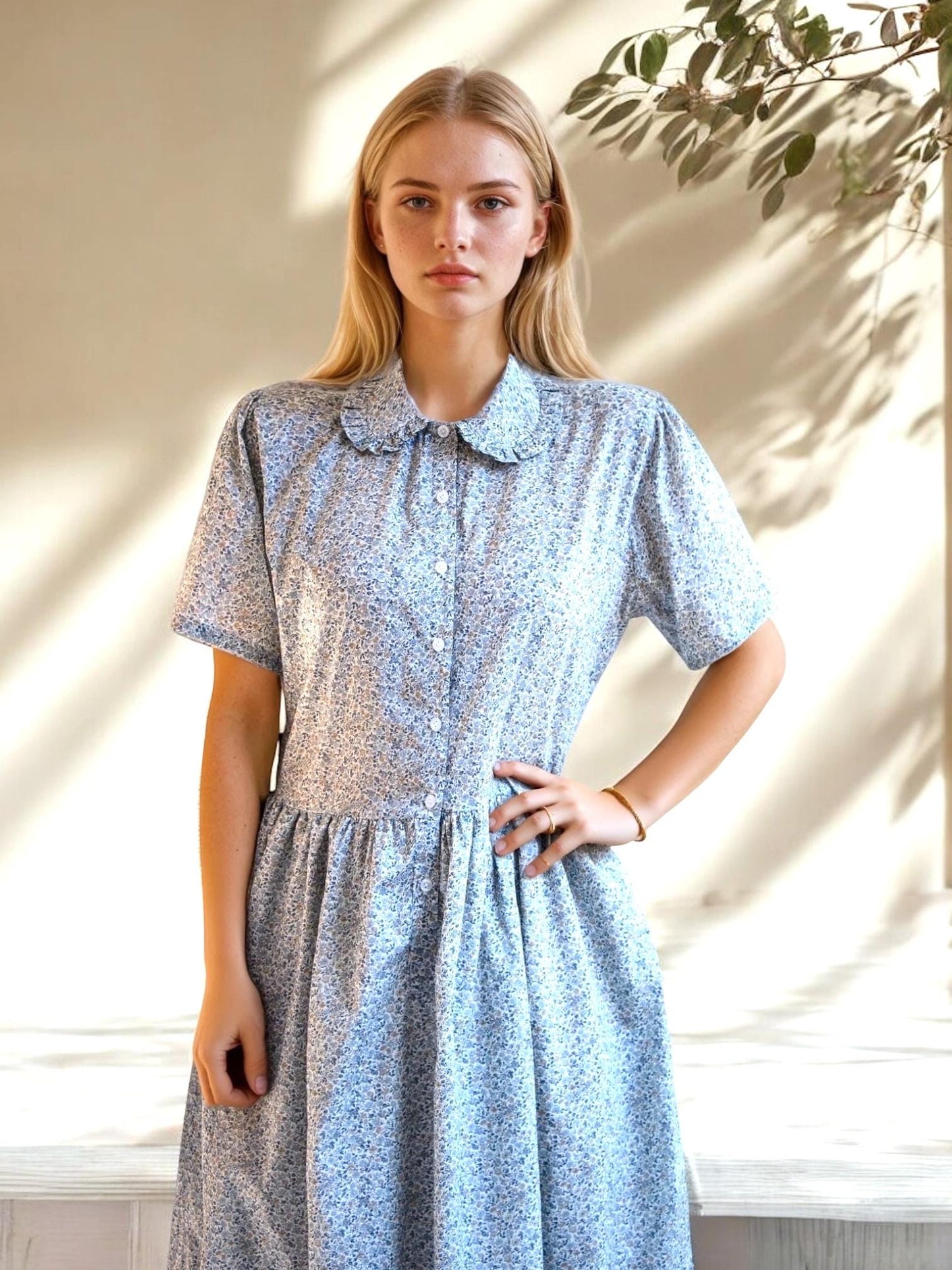 Liberty London Maxi Dress: Peter Pan Collar Ruffle Trim, Short Sleeves Button Front