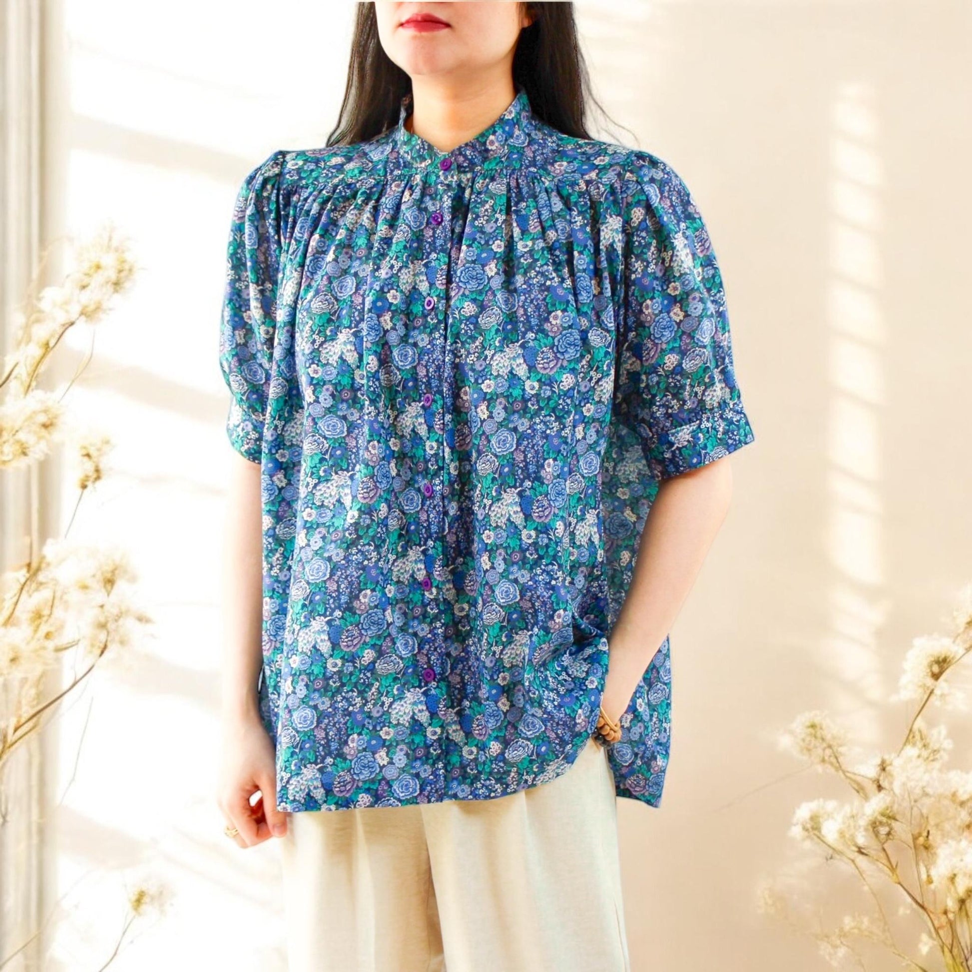 Liberty Gather Top Mandarin collar Shirt Half Sleeve