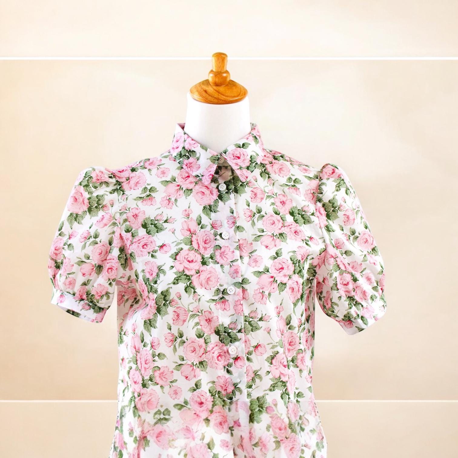 Liberty London Floral Print Woman Dress Shirt: Half Sleeve Blouse, Ditsy Botanical Flower Cotton