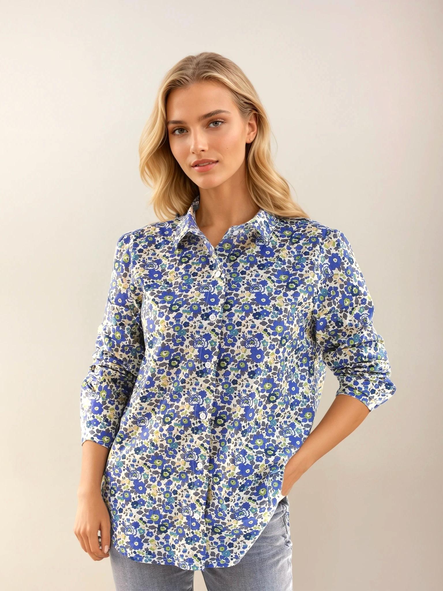 Liberty London Long Sleeve Shirt: Ditsy Botanical Dress Shirt, Button Through Top