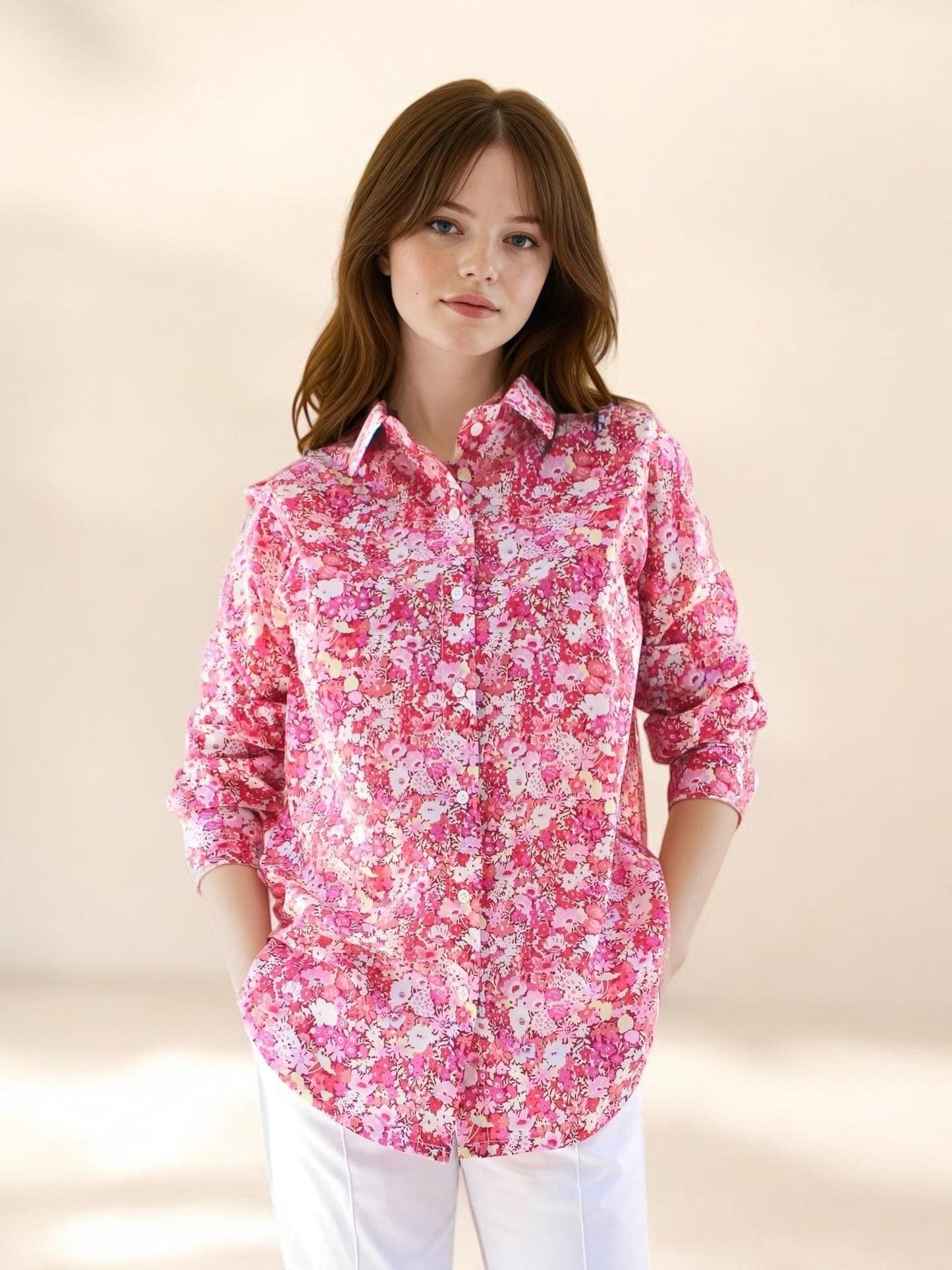 Liberty London Long Sleeve Shirt: Ditsy Botanical Dress Shirt, Button Through Top