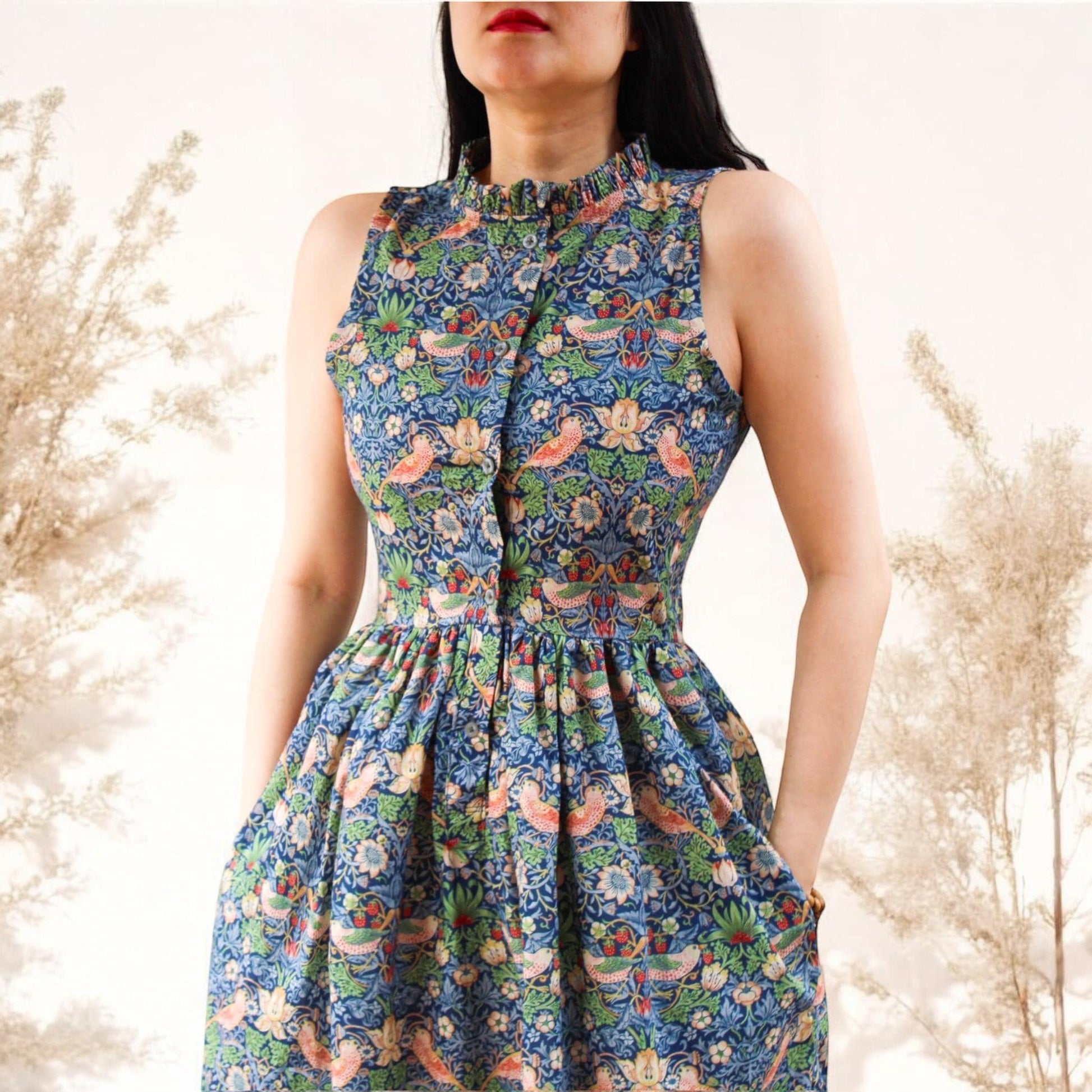 William Morris Print Cotton Dress, Ruffle Collar Sleeveless Midi Dress, Size US 4