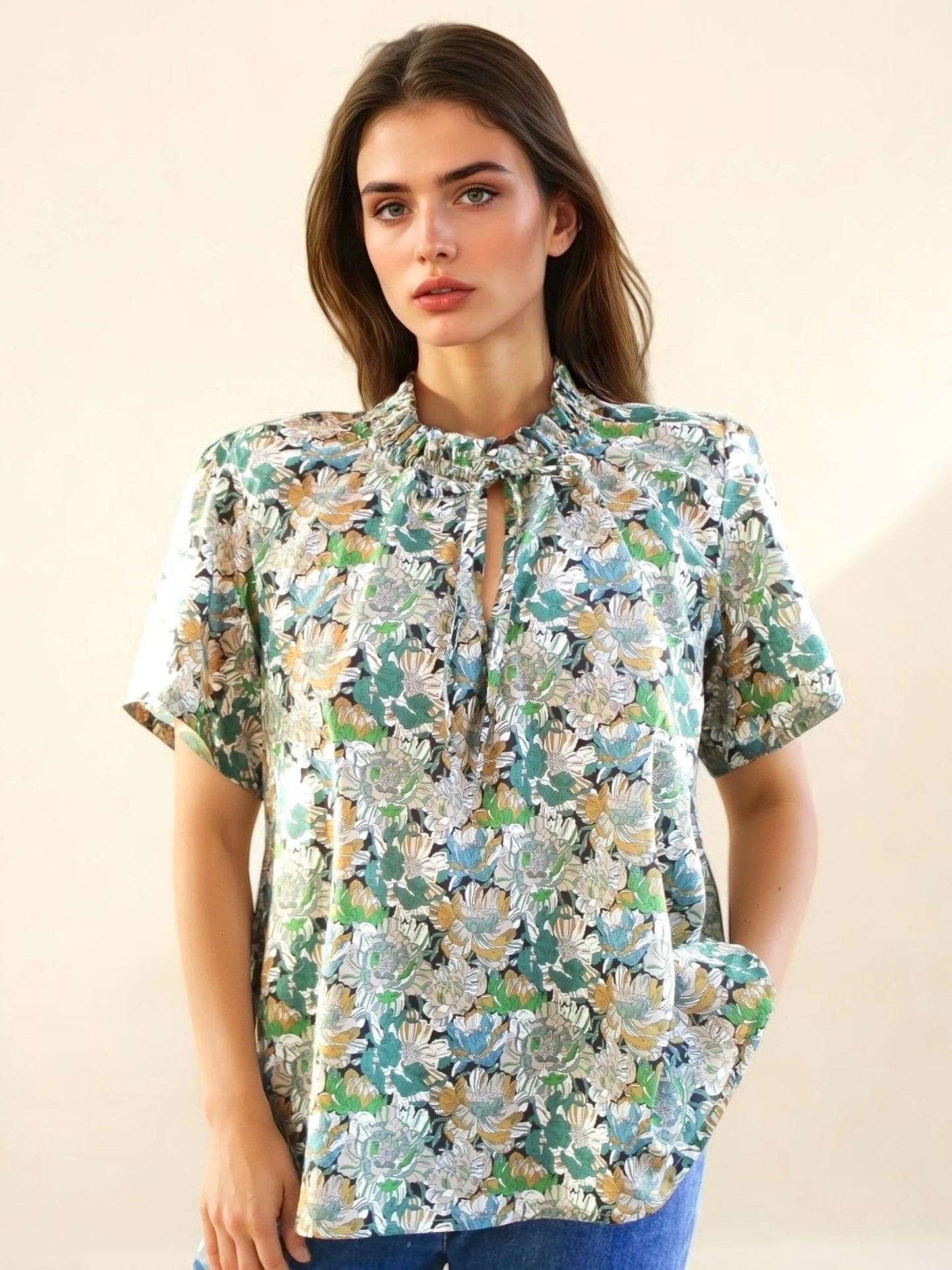 Liberty Floral Print Woman Blouse: Ruffle Collar Top, Short Sleeve Ditsy Botanical Shirt