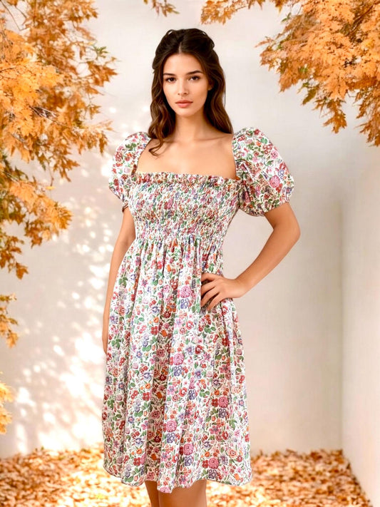 Liberty London Ditsy Milkmaid Smock Dress: Short Puffy Sleeves, Shirred Midi Floral Dress