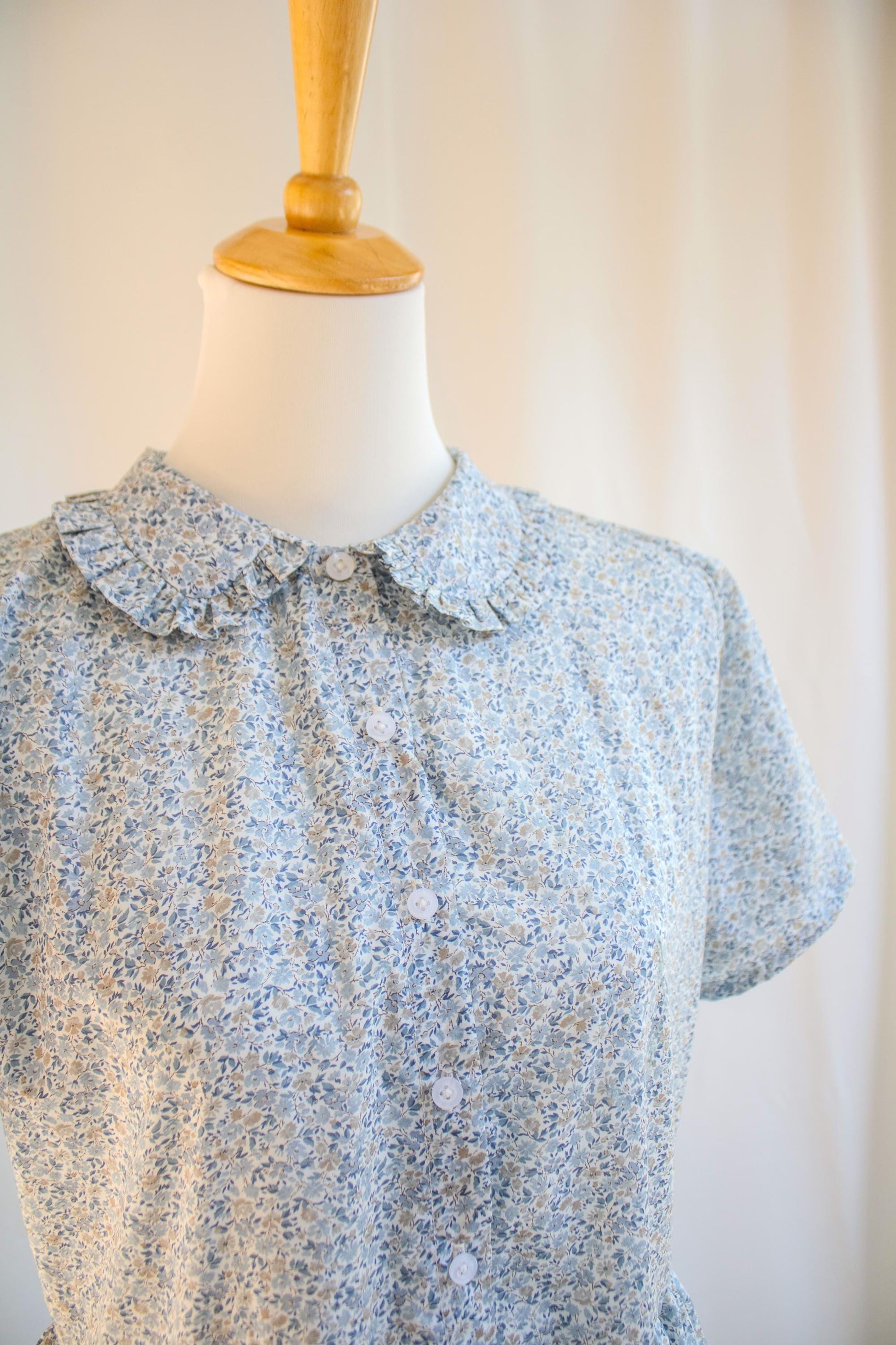 Liberty London Maxi Dress: Peter Pan Collar Ruffle Trim, Short Sleeves Button Front