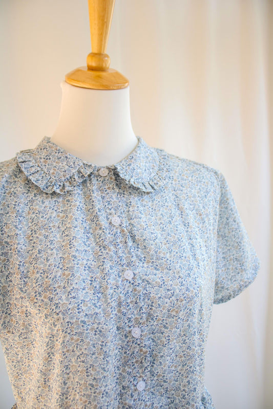 Liberty London Maxi Dress: Peter Pan Collar Ruffle Trim, Short Sleeves Button Front