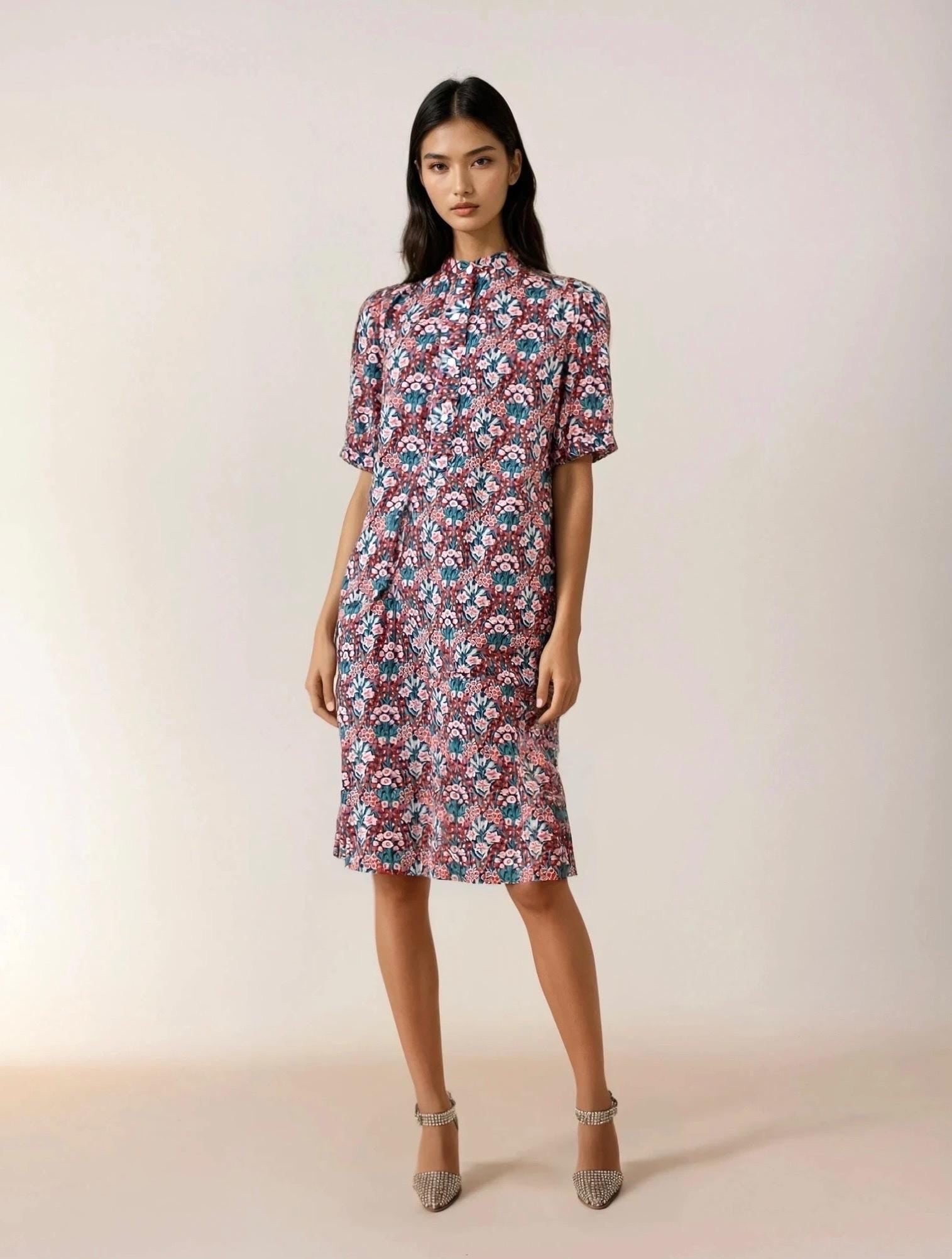 Liberty Floral Print Dress: Mandarin Collar Shift Dress, Short Sleeves