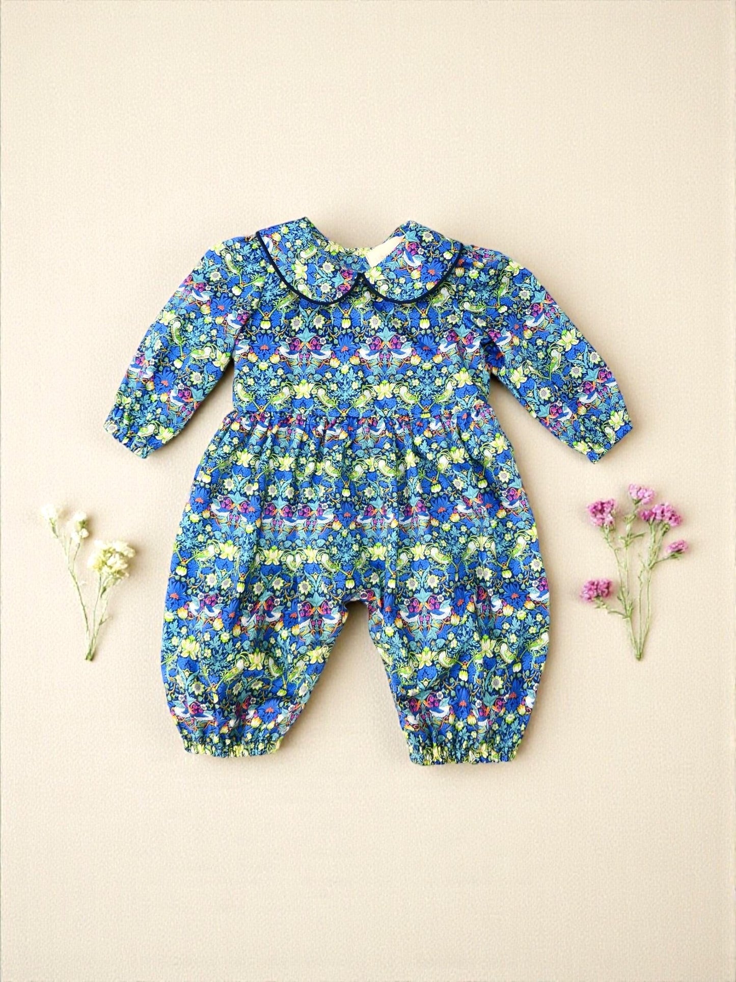 Liberty Overalls Long Sleeves Peter Pan Collar: Strawberry Thief Print