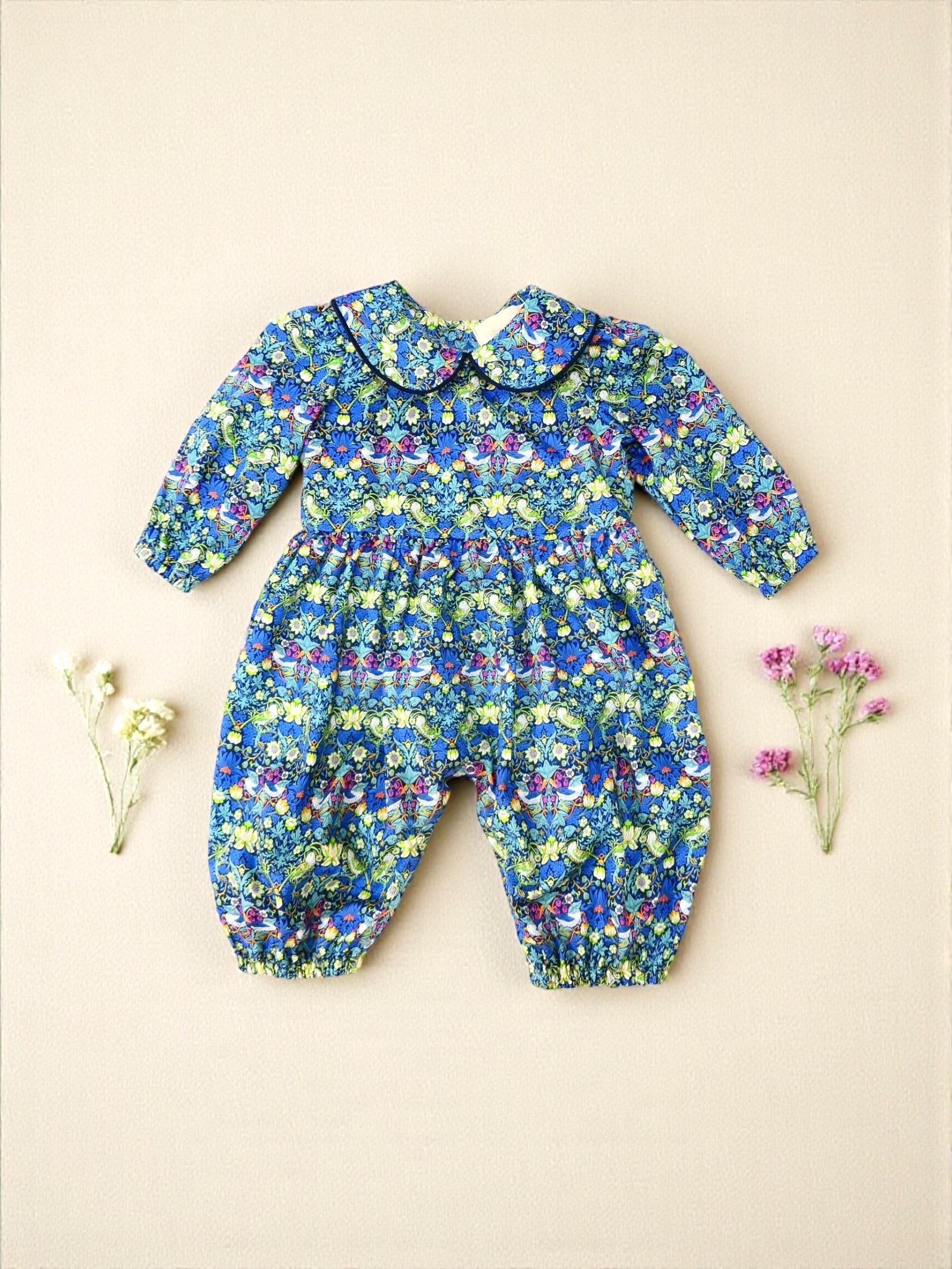 Liberty Overalls Long Sleeves Peter Pan Collar: Strawberry Thief Print